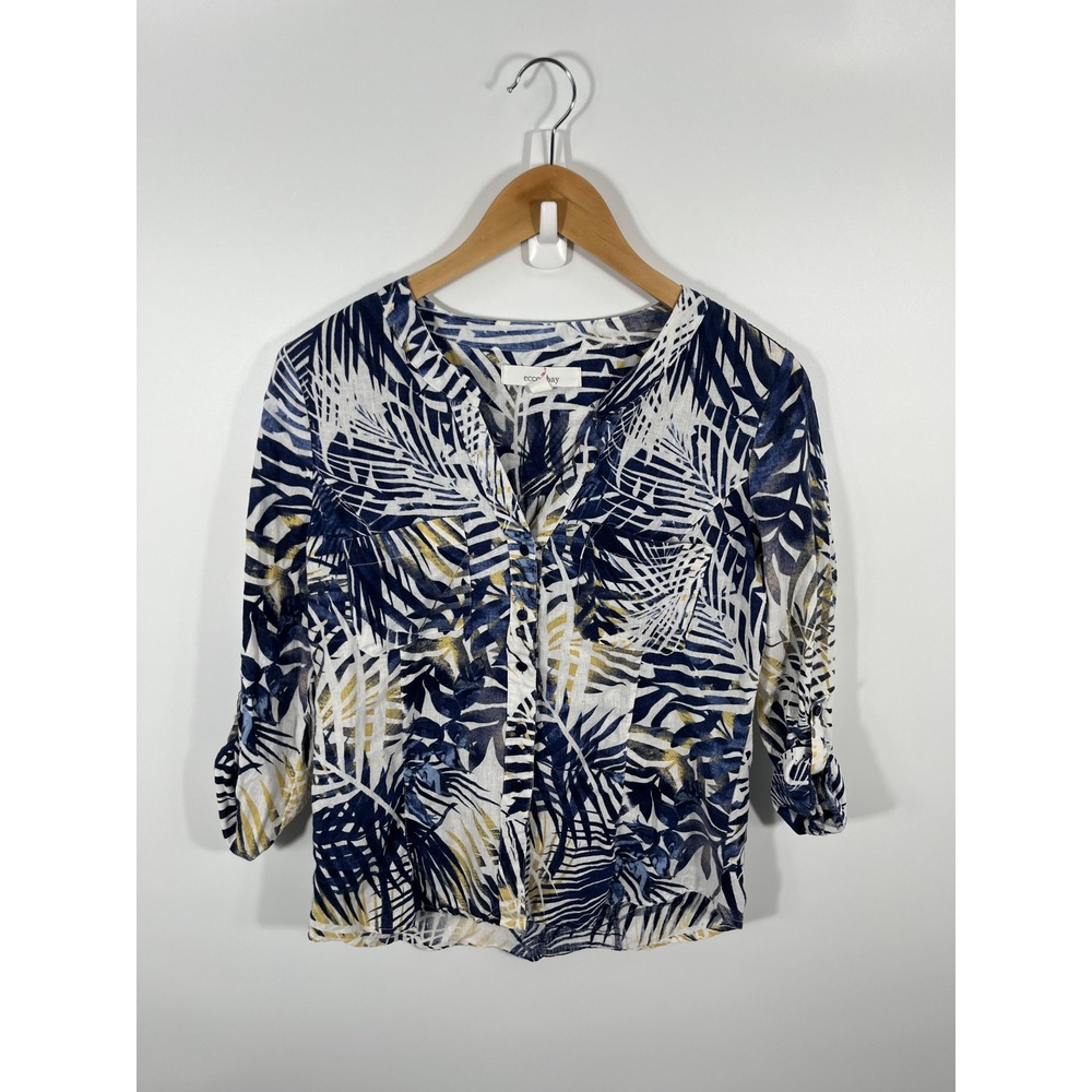 Womens Linen Blend Button Up Shirt Petite S Tropical Resort Beach Vacation - Picture 1 of 9
